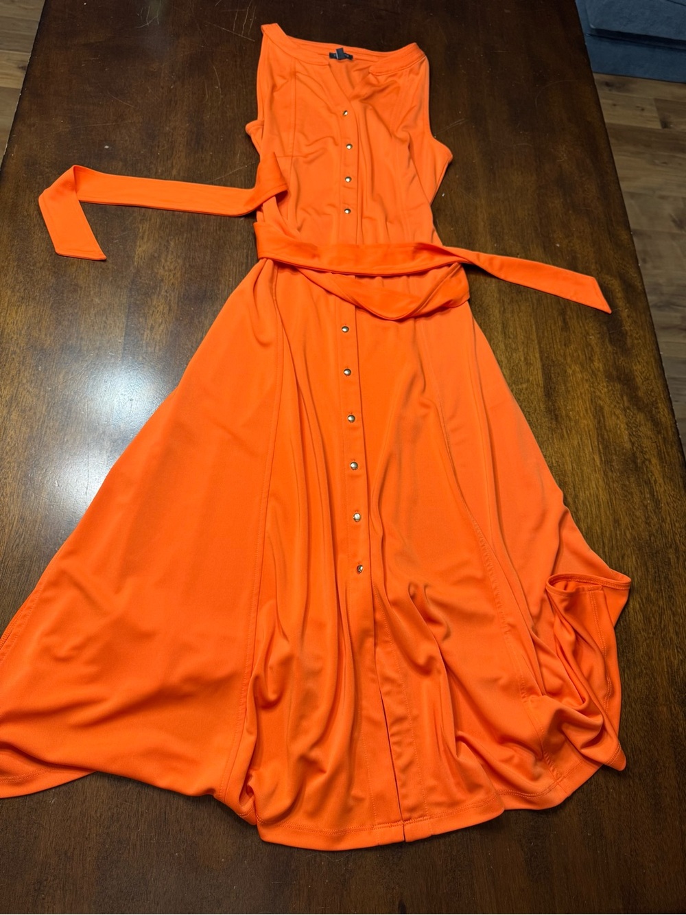 Talbots Bright Orange Sleeveless Button-Front Maxi Dress with Waist Tie